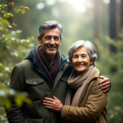 Elderly couple embracing in forest