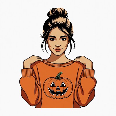 Woman in orange pumpkin sweater