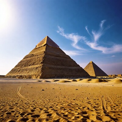 Pyramids of Giza in desert
