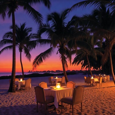 Beach dining at sunset with palm trees