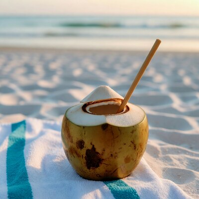 Coconut drink on beach towel