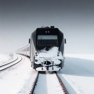 Black train on snowy tracks