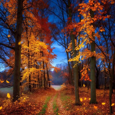 Autumn forest path at dusk