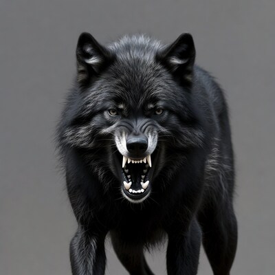 Black wolf snarling aggressively
