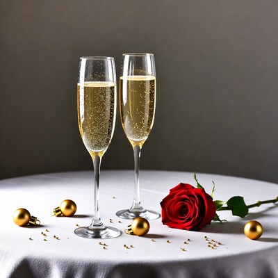 Two champagne glasses with red rose