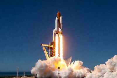 Space shuttle launching at dusk