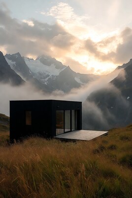 Black cabin in misty mountains