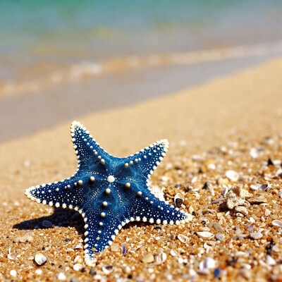 Blue Starfish on Sandy Beach