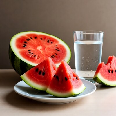 Watermelon slices with water glass