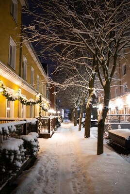 Snowy Christmas Street at Night