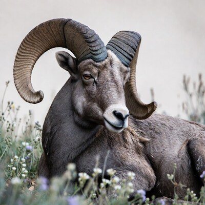 Bighorn Ram Resting in Wildflowers