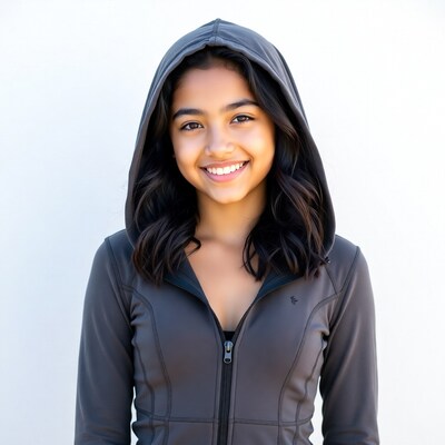 Smiling young woman in gray hoodie