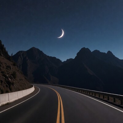 Winding Road Under Crescent Moon