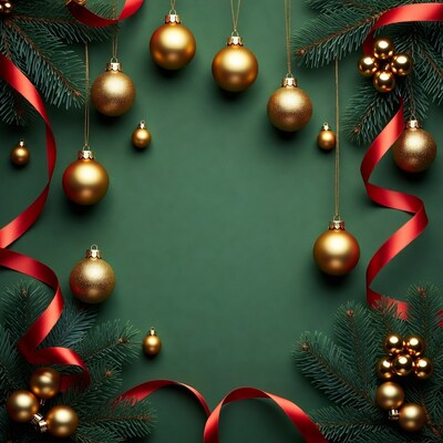 Golden Christmas Ornaments on Green