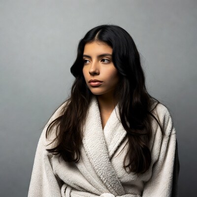 Woman in white bathrobe