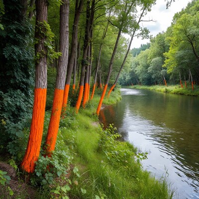Orange Painted Trees Riverbank