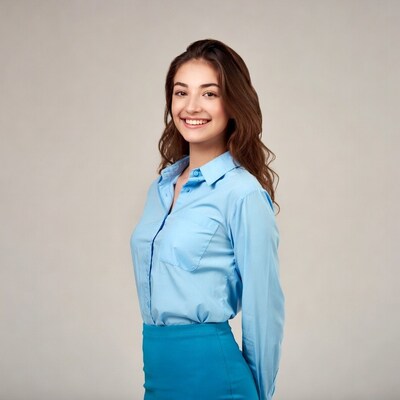 Smiling Woman in Blue Shirt