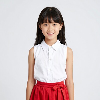 Smiling Asian Girl Red Skirt Portrait