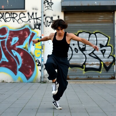 Young Man Dancing Graffiti Wall