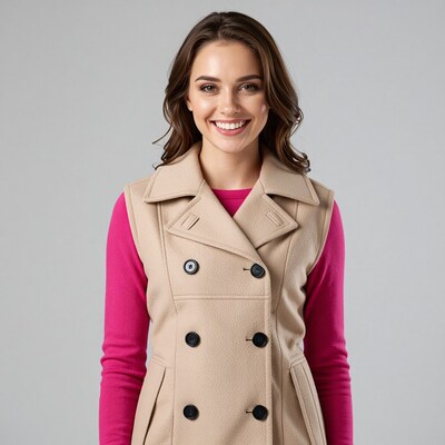 Smiling Caucasian Woman in Beige Vest