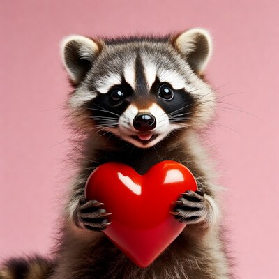 Cute Raccoon Holding Red Heart