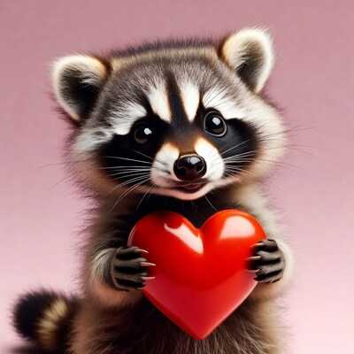 Cute Raccoon Holding Red Heart