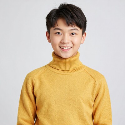 Smiling Asian Boy Yellow Turtleneck Portrait
