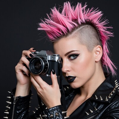 Punk Woman Pink Mohawk Holding Camera
