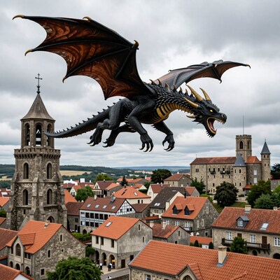 Black Dragon Flying Over European Town