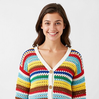 Woman in Colorful Crochet Cardigan