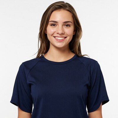 Smiling Caucasian Woman Navy Blue Shirt