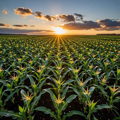 Sunset Over Vast Cornfield Rows