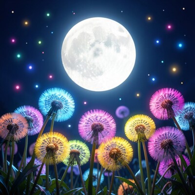 Glowing Colorful Dandelions Full Moon