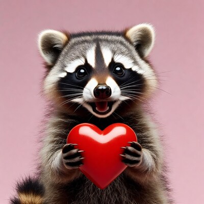 Cute Raccoon Holding Red Heart