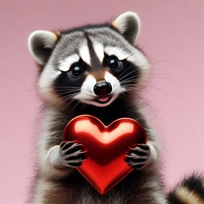 Cute Raccoon Holding Red Heart