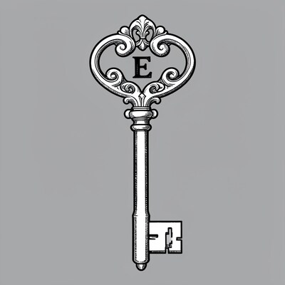 Ornate Key with Letter E Illustration