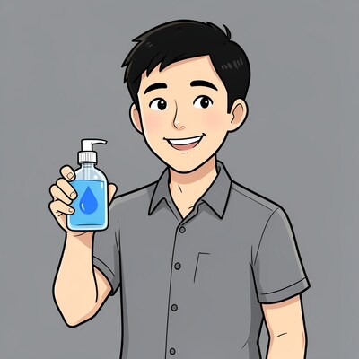 Asian Man Holding Hand Sanitizer Cartoon