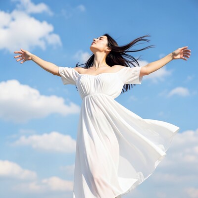 Asian Woman White Dress Blue Sky