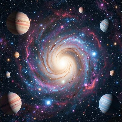 Spiral Galaxy with Planets in Space