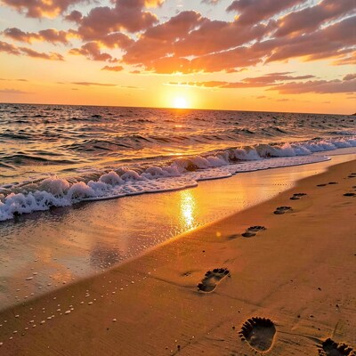 Sunset Beach Footprints Ocean Waves