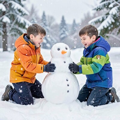 Boys Building Snowman in Winter Snow
