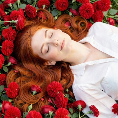 Redhead Woman in Red Roses