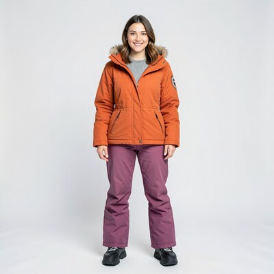 Woman in Orange Winter Jacket Purple Pants