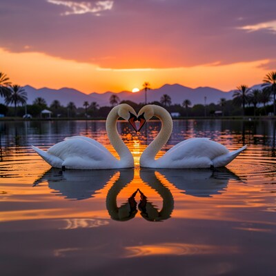 Swans Heart Sunset Lake Reflection