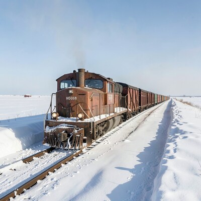 Rusty Train in Snowy Winter Landscape