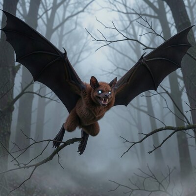 Scary Bat with Glowing Eyes in Forest