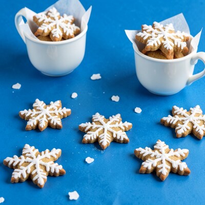 Snowflake Gingerbread Cookies on Blue Background
