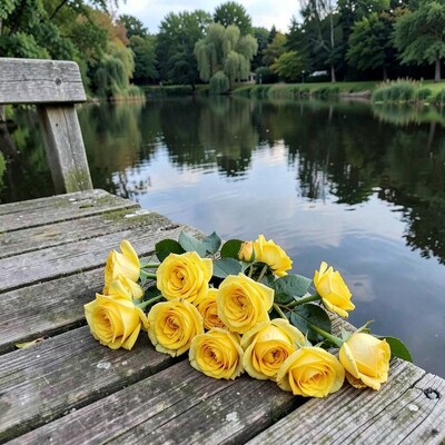 Yellow Roses on Wooden Lake Dock