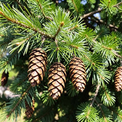 Pine Cones on Evergreen Tree Branch