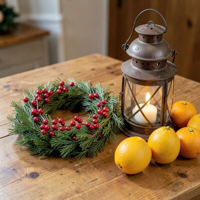 Christmas Wreath Lantern Oranges Table